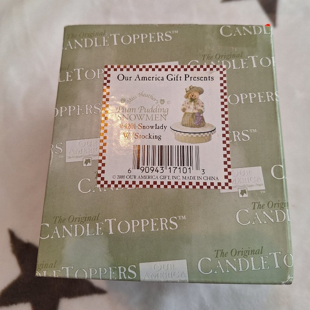 2000 Vintage Candle Topper Plum Pudding Snowlady With Stocking Fit Yankee Candle
